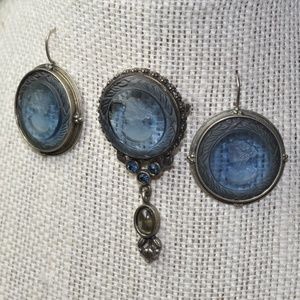 Blue glass intarsia earrings and pendant.